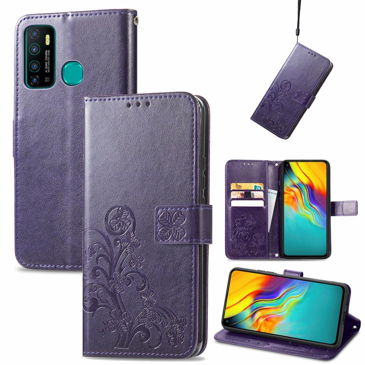 Purple embossed floral leather phone wallet case with card slot and lanyard