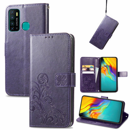 Purple embossed floral leather phone wallet case with card slot and lanyard
