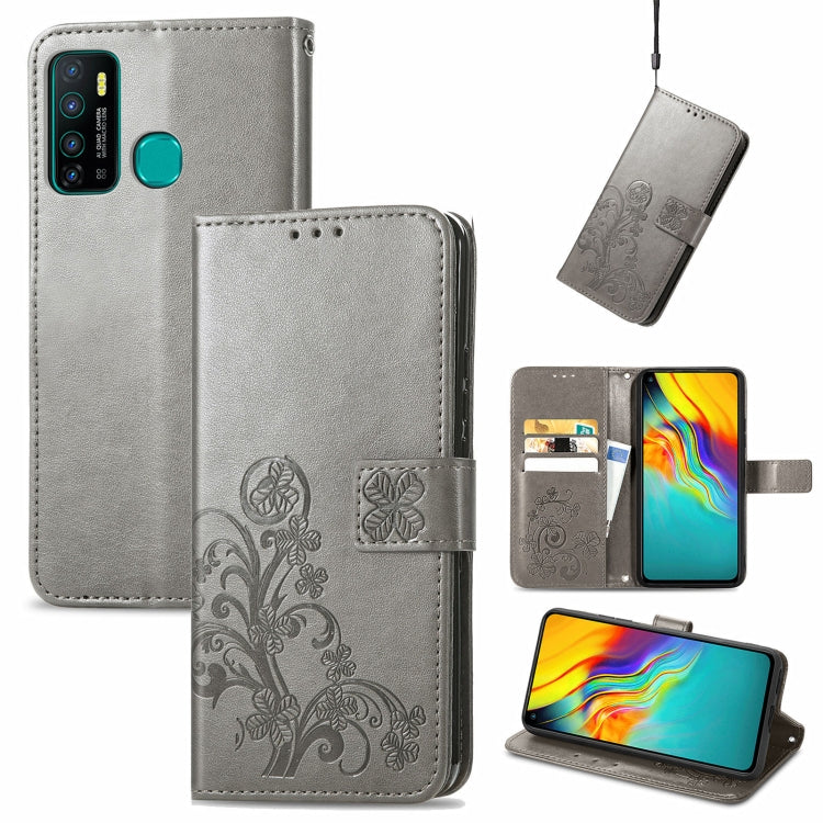 Gray embossed floral leather phone wallet case with card slots and lanyard