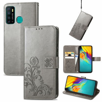 Gray embossed floral leather phone wallet case with card slots and lanyard