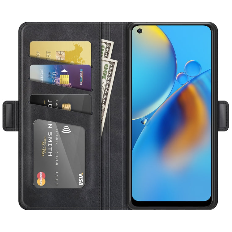 Black leather wallet flip case with card slots and magnetic closure, phone shown