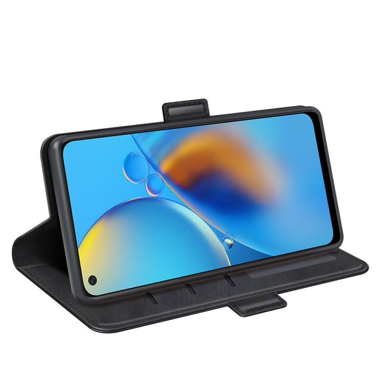 Black leather folio flip case with front opening and phone stand angle view