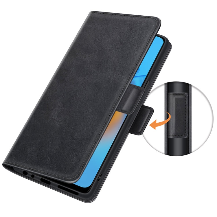 Black leather flip case with magnetic side closure and visible button cutouts