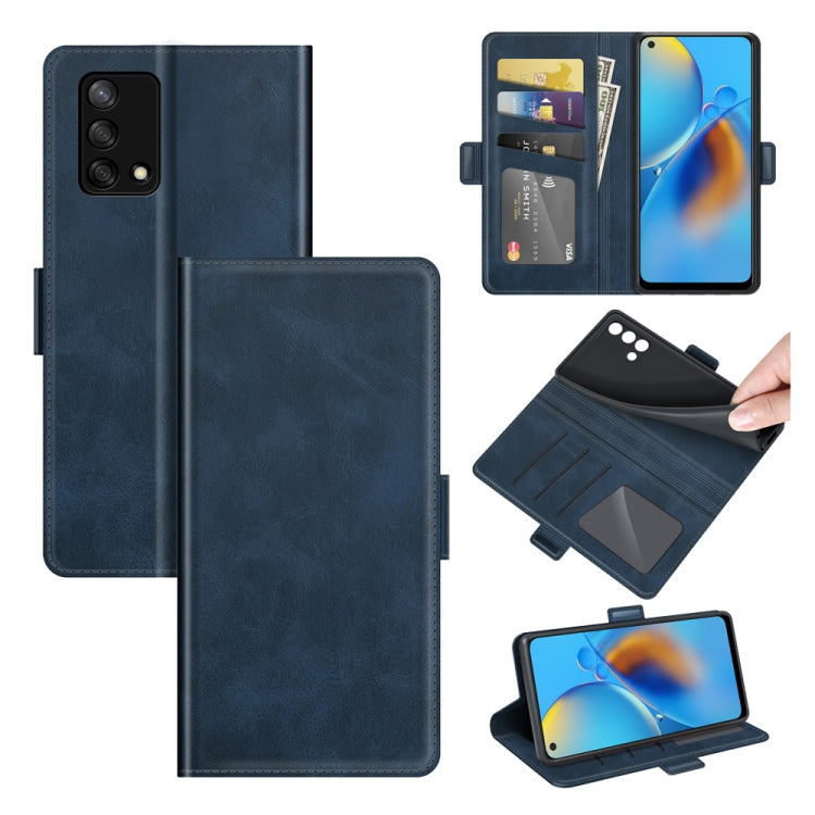 Dark blue leather flip phone case with dual magnetic closure and card holder slots