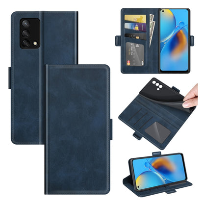 Dark blue leather flip phone case with dual magnetic closure and card holder slots