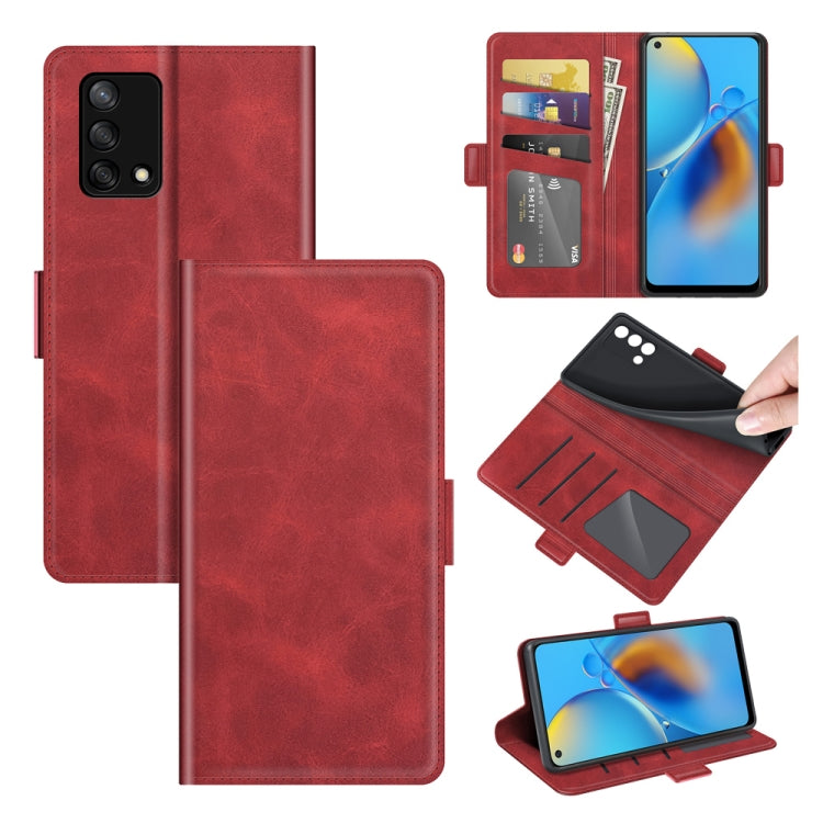 Red leather flip phone case with dual magnetic closure and card holder slots