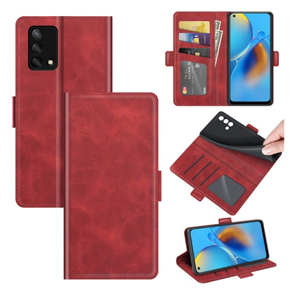 Red leather flip phone case with dual magnetic closure and card holder slots