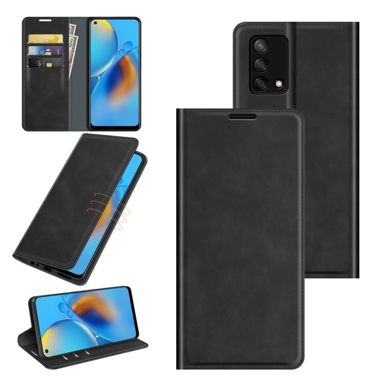 Black leather folio phone case with magnetic closure, card slots, and kickstand holder