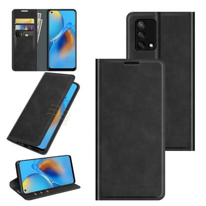 Black leather folio phone case with magnetic closure, card slots, and kickstand holder