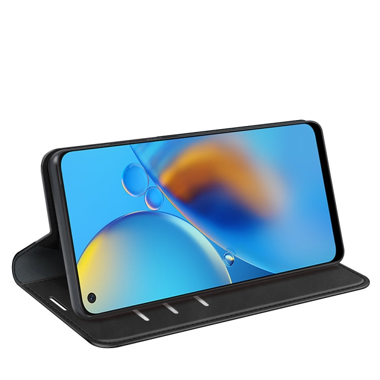Dark blue leather folio phone case with kickstand, holding phone upright
