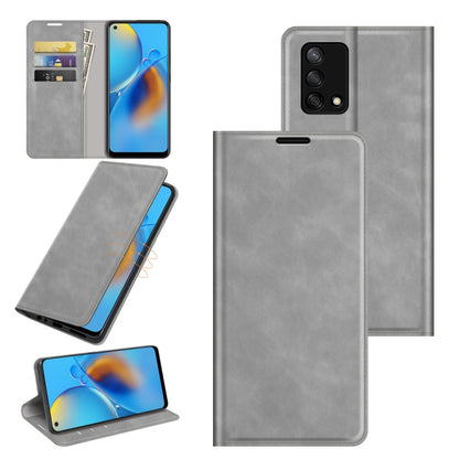 Grey leather folio phone case with card slots and magnetic closure, includes kickstand