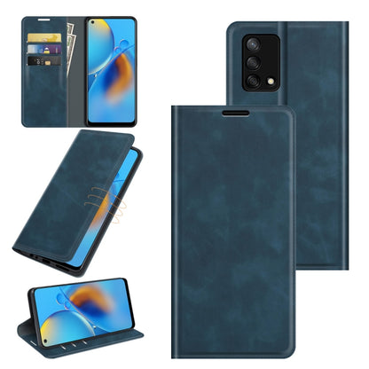 Dark blue leather folio phone case with card slots, magnetic closure, and rear cover