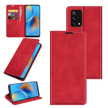 Red leather folio phone case with card slots, magnetic closure, and kickstand holder