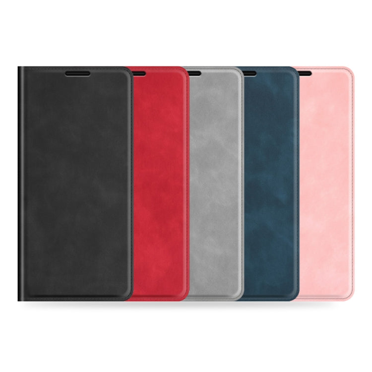 Leather magnetic suction phone wallet case with card slots, shown in black/red/grey/dark blue/pink