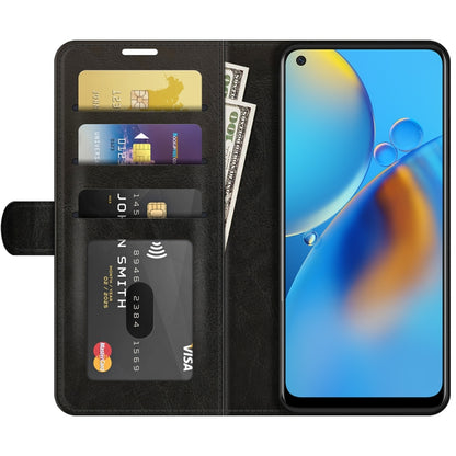 Black flip wallet phone case with card slots and holder, protecting phone display