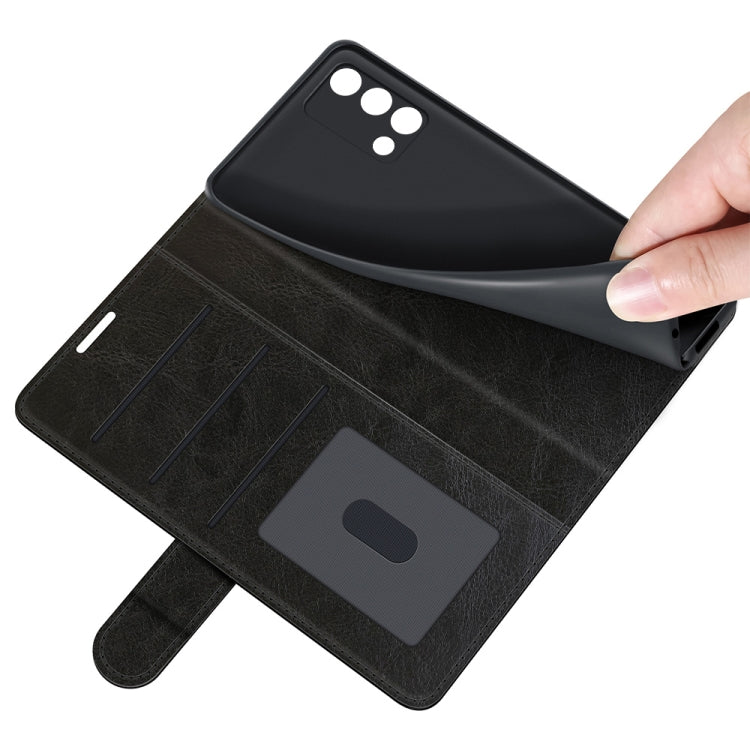 Black leather-textured flip wallet phone case with card holder and cutout openings