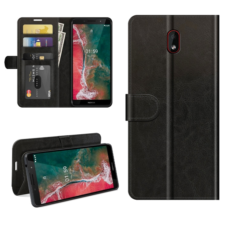 Black leather-style flip phone case with card slots and fold-out stand for viewing