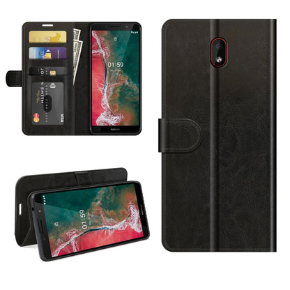 Black leather-style flip phone case with card slots and fold-out stand for viewing