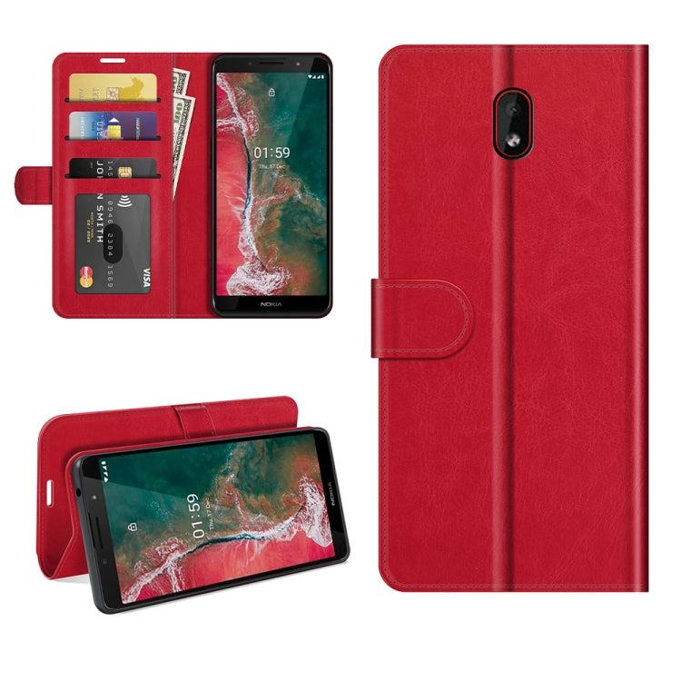 Red leather-style flip phone case with card slots and fold-out stand