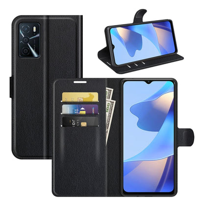 Black litchi-texture flip wallet case with card slots and stand for phone