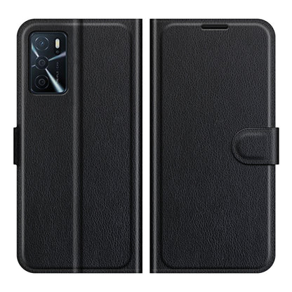 Black litchi-texture flip wallet case with magnetic closure and card holder