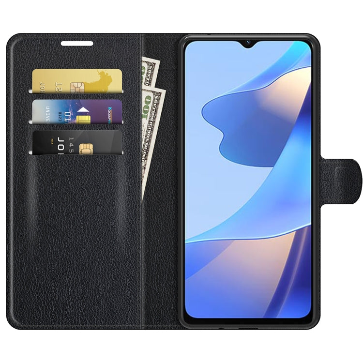 Black litchi-texture flip wallet case with card slots and phone screen cover