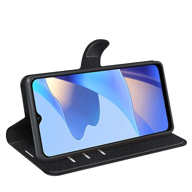 Black litchi-texture flip wallet case with fold-out stand for phone