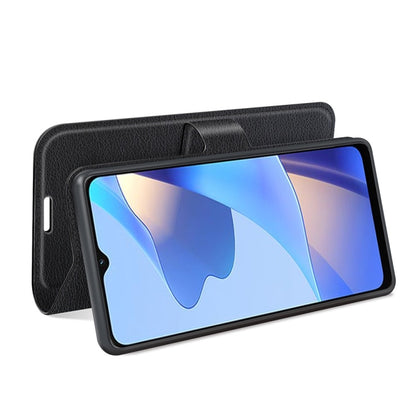Black litchi-texture flip wallet case with front cover and side card slots