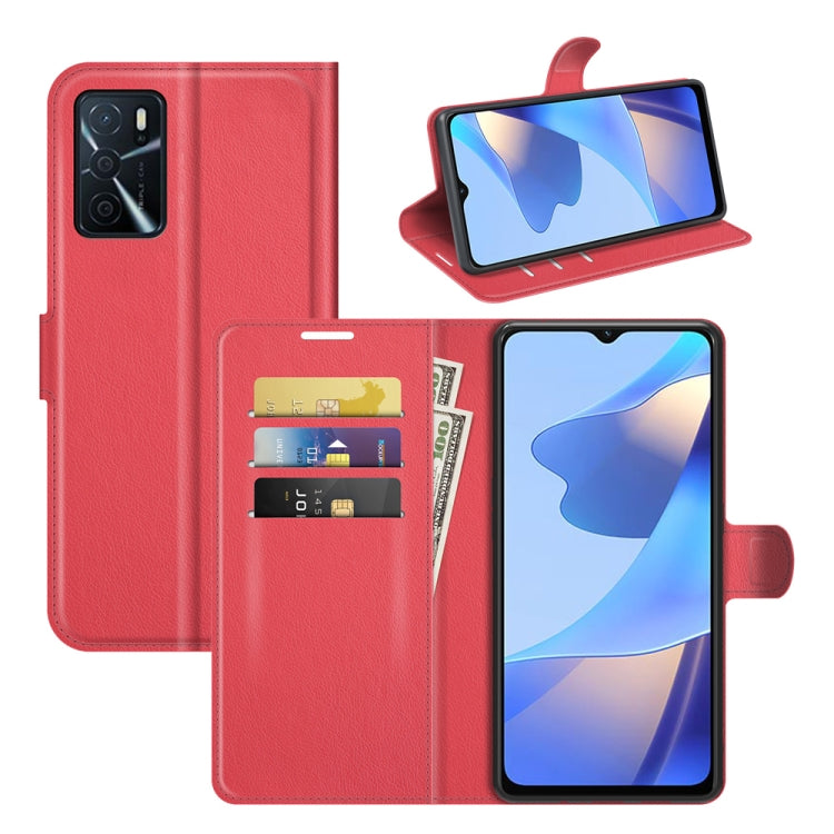 Red litchi-texture flip wallet case with card slots and fold-out stand