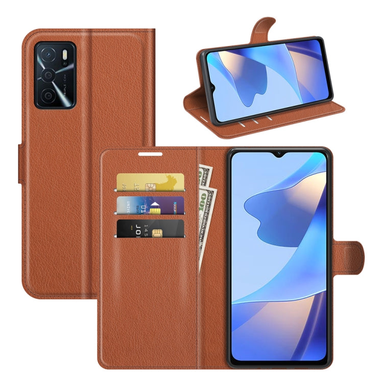 Brown litchi-texture flip wallet case with card slots and fold-out stand