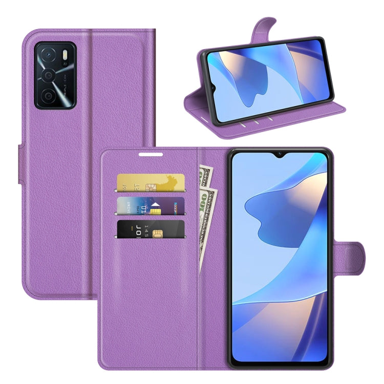 Purple litchi-texture flip wallet case with card slots and fold-out stand