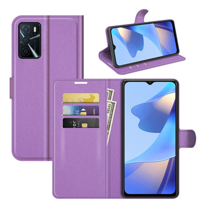 Purple litchi-texture flip wallet case with card slots and fold-out stand