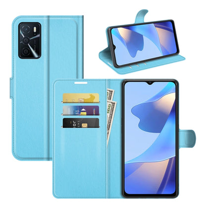 Blue litchi-texture flip phone case with card slots and holder, phone shown inside