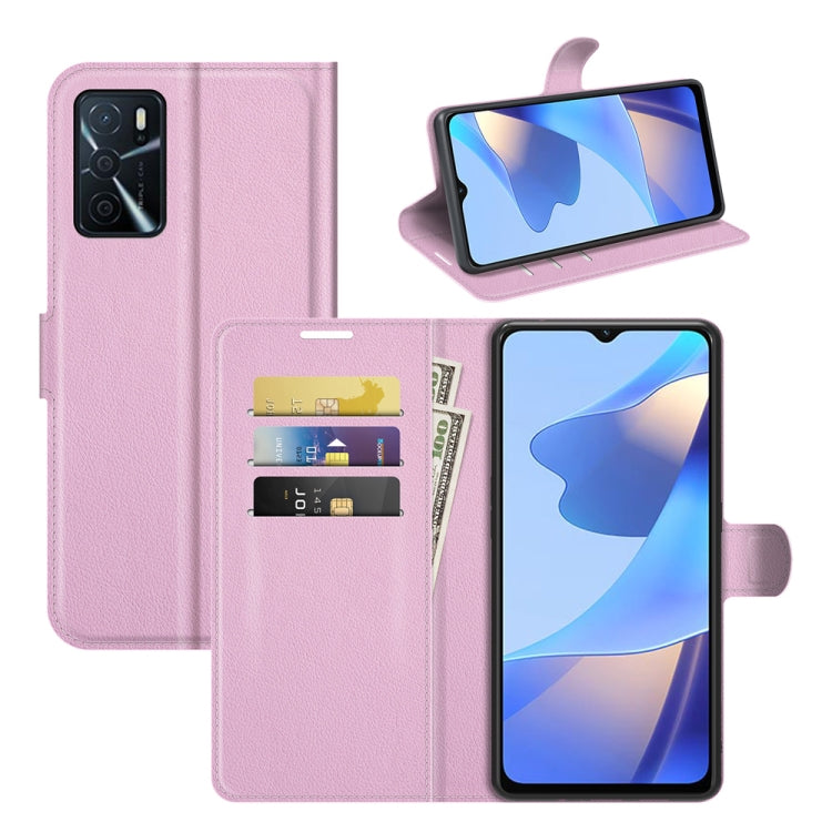 Pink litchi-texture flip phone case with card slots and holder, phone shown inside