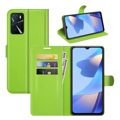 Green litchi-texture flip phone case with card slots and holder, phone shown inside