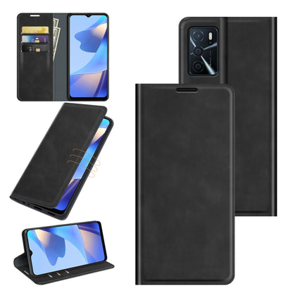 Black leather folio phone case with magnetic closure, card slots, and stand holder