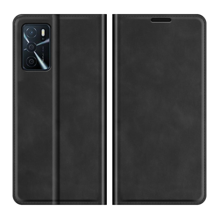 Black leather folio phone case front and back views with magnetic closure