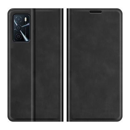 Black leather folio phone case front and back views with magnetic closure