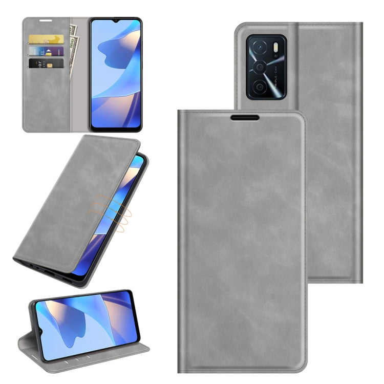 Grey leather folio phone case with magnetic closure, card slots, and stand holder