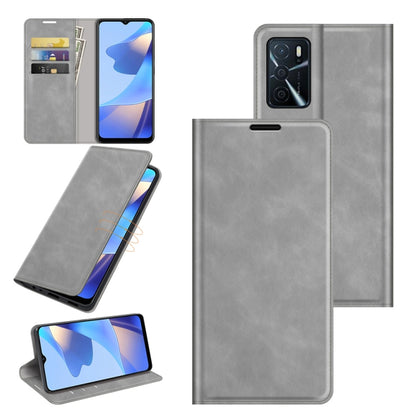 Grey leather folio phone case with magnetic closure, card slots, and stand holder