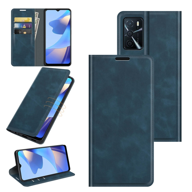 Dark blue leather folio phone case with magnetic closure, card slots, and stand holder