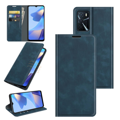 Dark blue leather folio phone case with magnetic closure, card slots, and stand holder