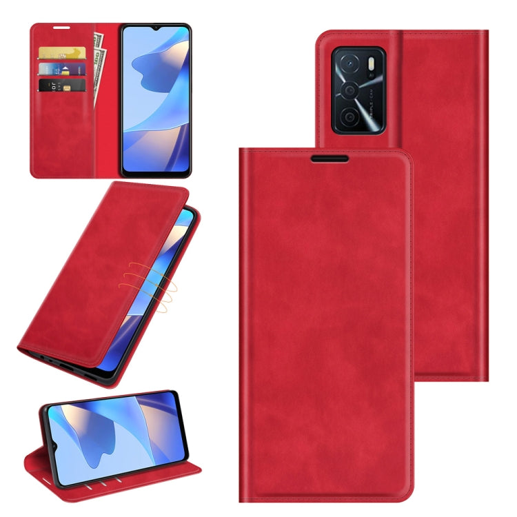 Red leather folio phone case with magnetic closure, card slots, and stand holder