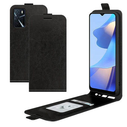 Black leather flip phone case with card slots and photo window, shown with phone screen.