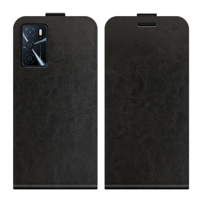 Black leather flip phone case with cutouts, two views showing front cover and back.