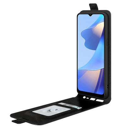 Black leather flip phone case with front window and card slot flap extended.