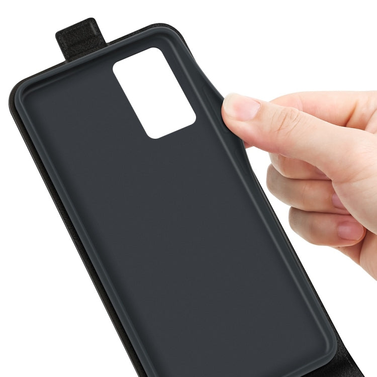 Dark leather phone case back with camera opening and hand holding it for installation.