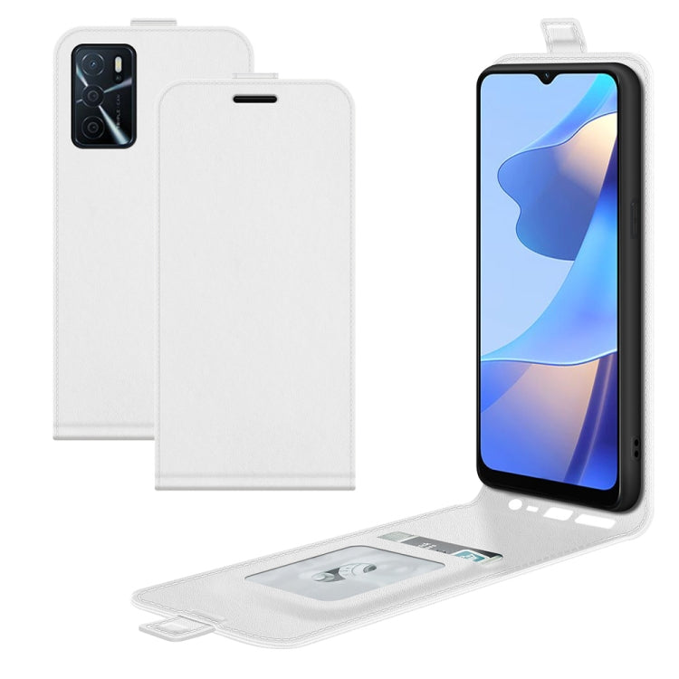 White leather flip phone case with card slot flap and photo window, shown with phone screen.