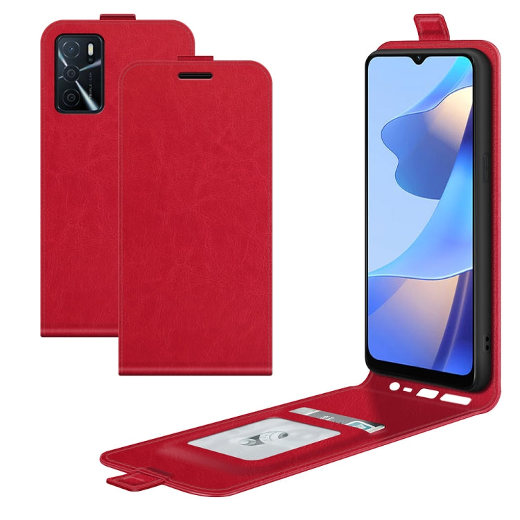 Red leather flip phone case with card slot flap and photo window, shown with phone screen.