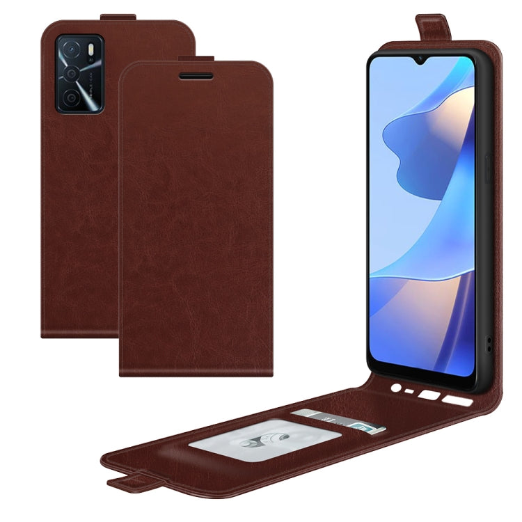 Brown leather flip phone case with card slot flap and photo window, shown with phone screen.